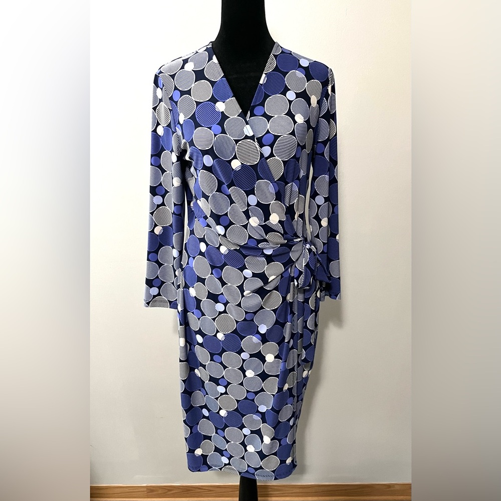 Anne Klein Long Sleeve V Neck Belted Midi Dress Print Blue White Circles Size M